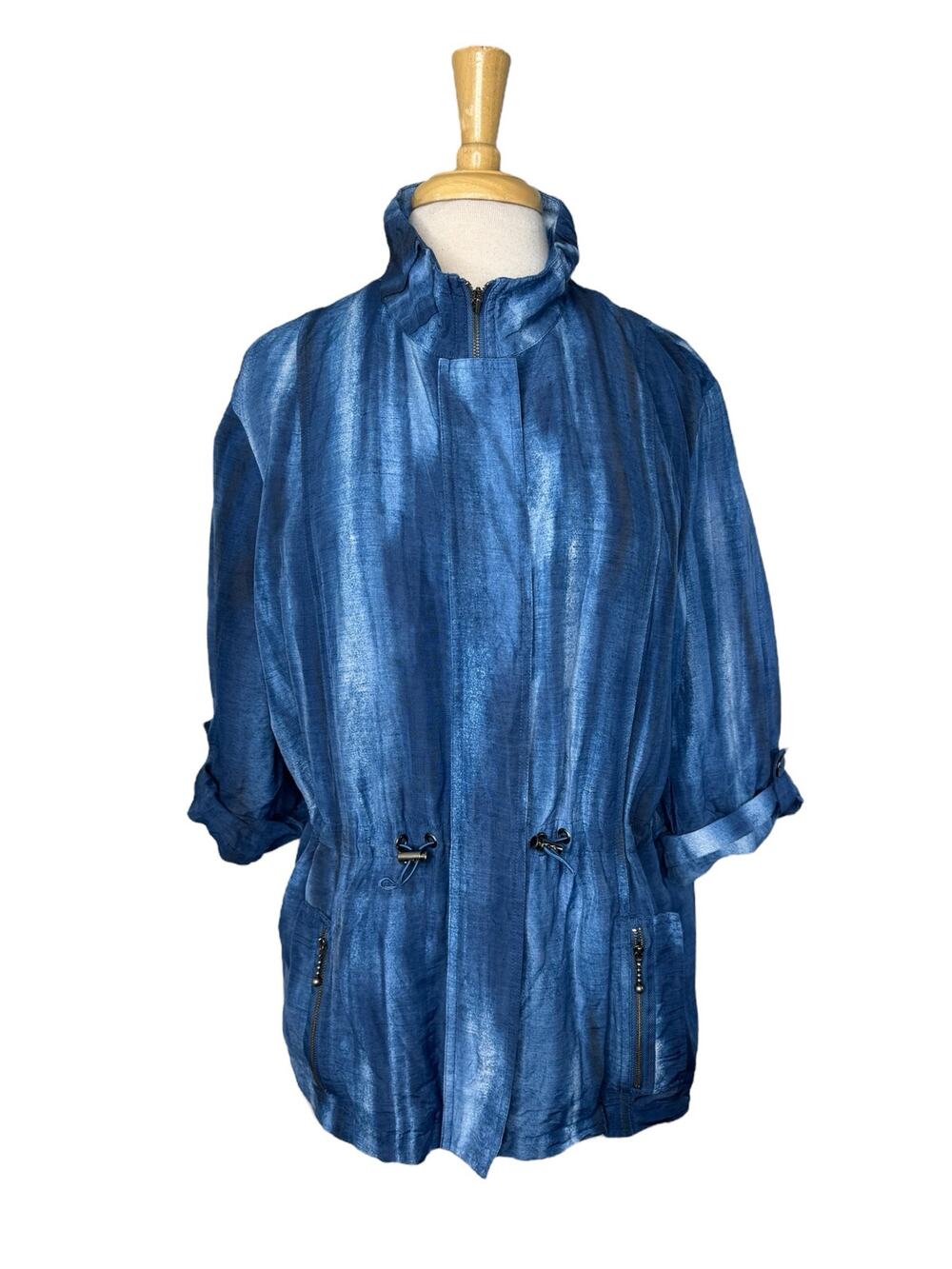 CHICOS Water Blue Linen Blend Full Zip Jacket Size XL (3) Drawstring Roll Tab